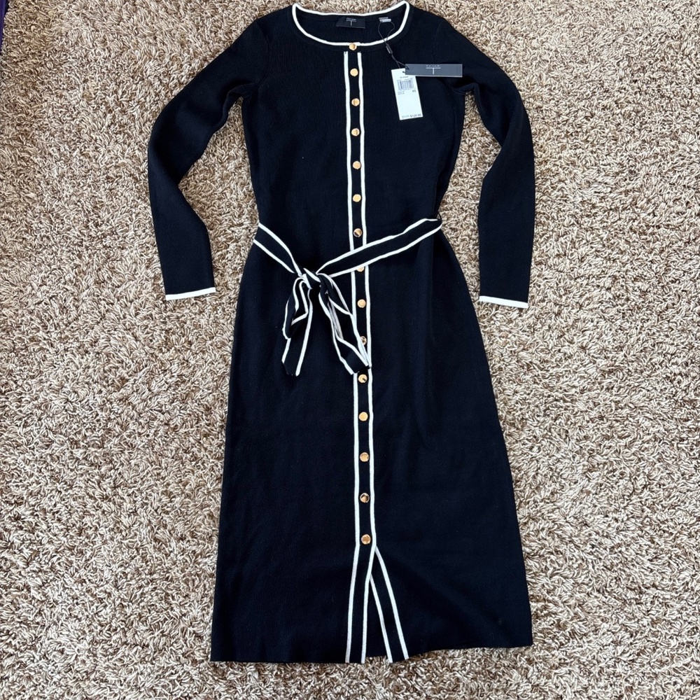 T Tahari Black White Trim Button Front Long Sleeve Dress XS NWT, MSRP $128